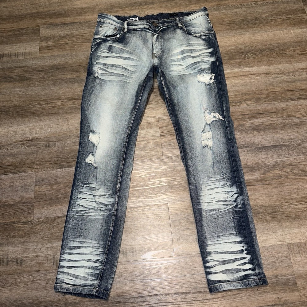 Copper Rivet Jeans Mens Slim Fit 40x34 Distressed Straight Leg Light Wash